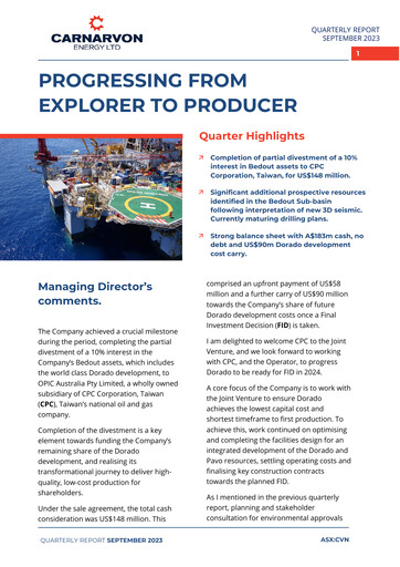 Thumbnail Carnarvon Energy Quarterly Report 2023-q3