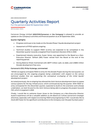 Miniature Carnarvon Energy Rapport trimestriel 2024-q3