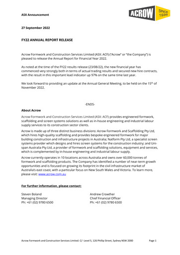 Miniature Acrow Limited Rapport annuel 2022