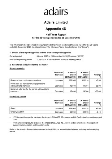 Vorschaubild Adairs Limited Halbjahresbericht 2026-h1