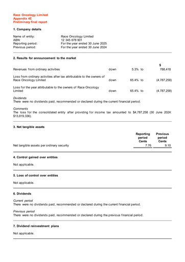 Miniature Race Oncology Rapport financier 2025