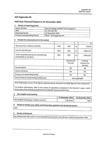 Miniature Race Oncology Bilan financier 2017-h1