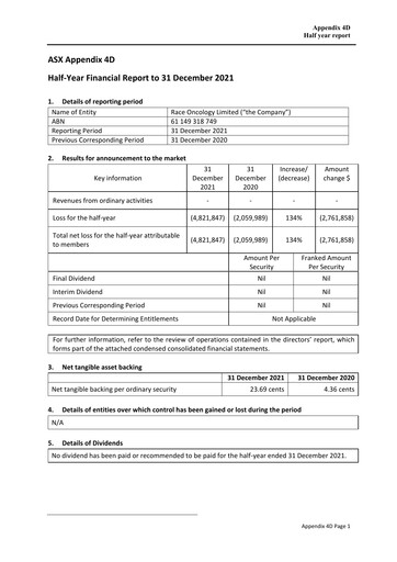 Miniature Race Oncology Bilan financier 2022-h1