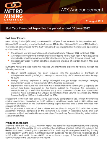 Thumbnail Metro Mining Financial Report 2022-h1