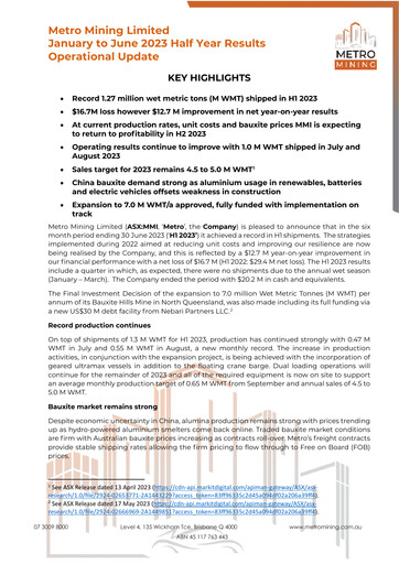 Thumbnail Metro Mining Financial Report 2023-h1