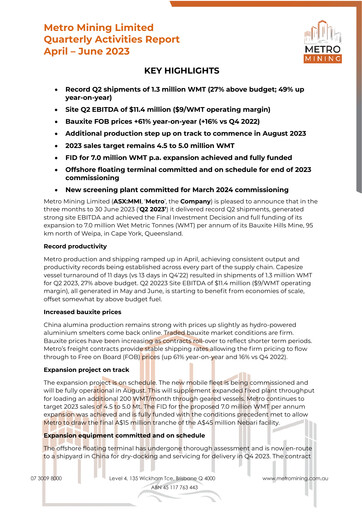 Vorschaubild Metro Mining Quartalsbericht 2023-q2