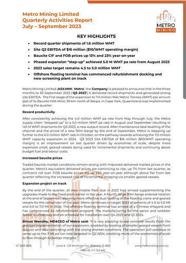 Vorschaubild Metro Mining Quartalsbericht 2023-q3
