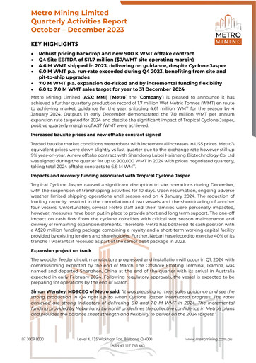 Vorschaubild Metro Mining Quartalsbericht 2023-q4