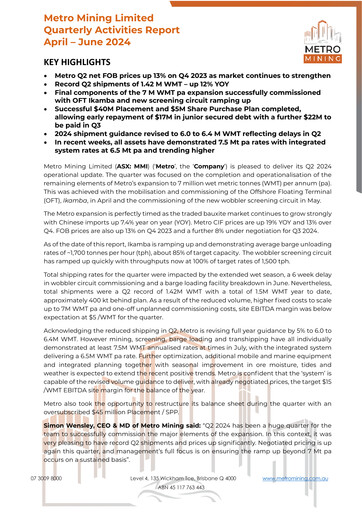 Vorschaubild Metro Mining Quartalsbericht 2024-q2