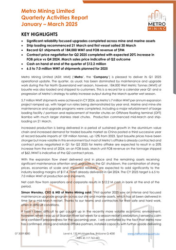Vorschaubild Metro Mining Quartalsbericht 2025-q1
