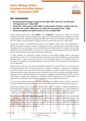 Vorschaubild Metro Mining Quartalsbericht 2025-q3