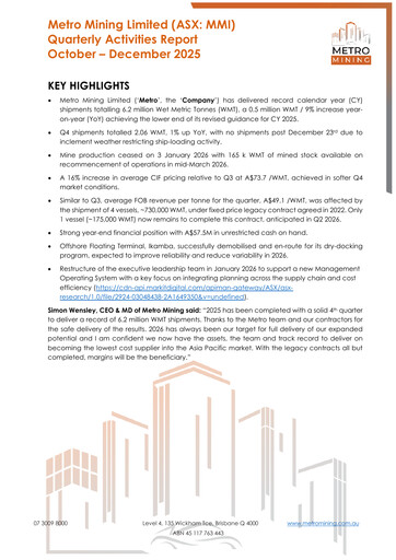 Vorschaubild Metro Mining Quartalsbericht 2025-q4
