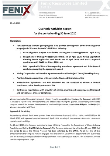 Miniature Fenix Resources Rapport trimestriel 2020-q4
