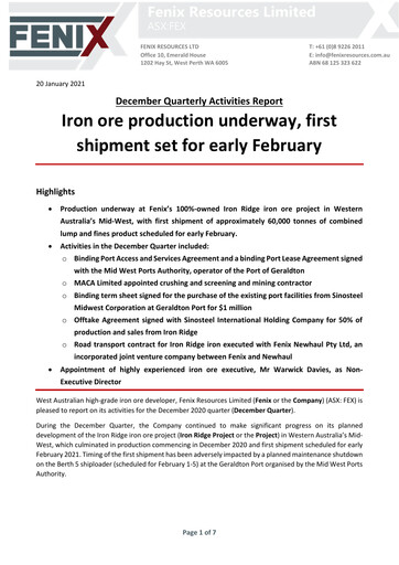 Miniature Fenix Resources Rapport trimestriel 2021-q2