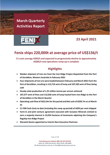 Miniature Fenix Resources Rapport trimestriel 2021-q3