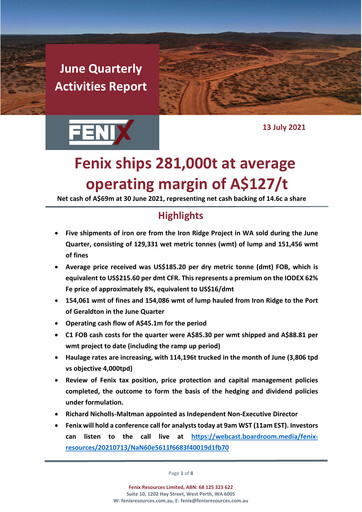 Miniature Fenix Resources Rapport trimestriel 2021-q4