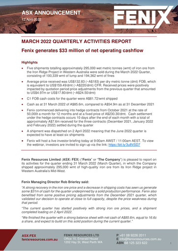 Miniature Fenix Resources Rapport trimestriel 2022-q3