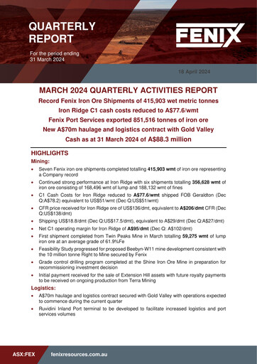 Miniature Fenix Resources Rapport trimestriel 2024-q3
