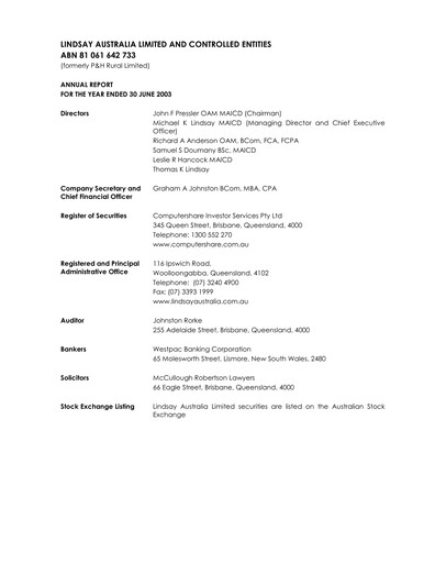 Thumbnail Lindsay Australia Financial Report 2003