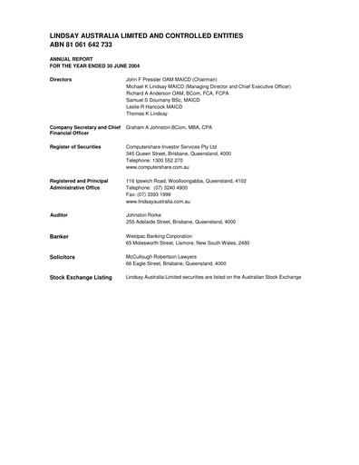 Thumbnail Lindsay Australia Financial Report 2004