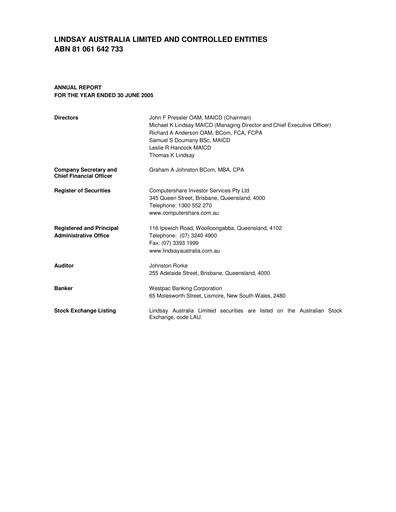 Thumbnail Lindsay Australia Financial Report 2005
