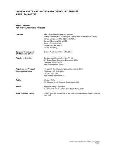 Thumbnail Lindsay Australia Financial Report 2006