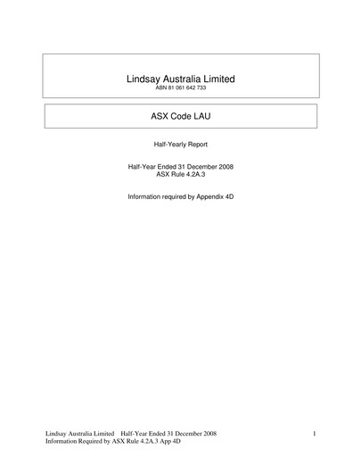 Thumbnail Lindsay Australia Financial Report 2009-h1