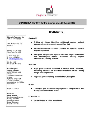 Thumbnail Magnetic Resources NL Quarterly Report 2010-q2