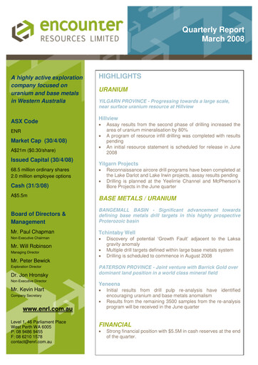 Thumbnail Encounter Resources Quarterly Report 2008-q1