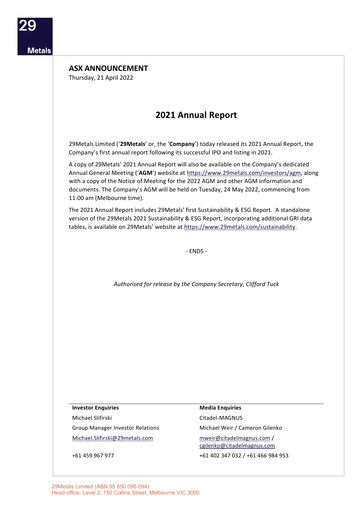 Thumbnail 29Metals Annual Report 2021