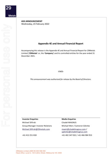 Thumbnail 29Metals Financial Report 2021