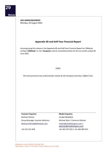 Thumbnail 29Metals Financial Report 2022-h1