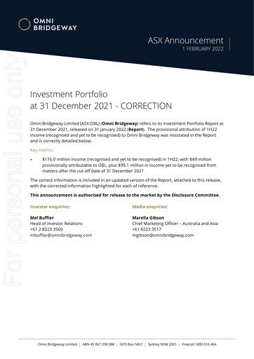 Thumbnail Omni Bridgeway Quarterly Report 2022-q2