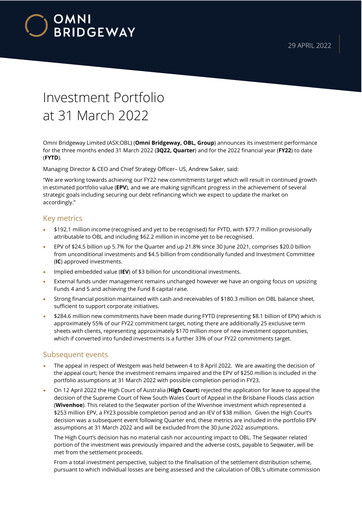 Thumbnail Omni Bridgeway Quarterly Report 2022-q3