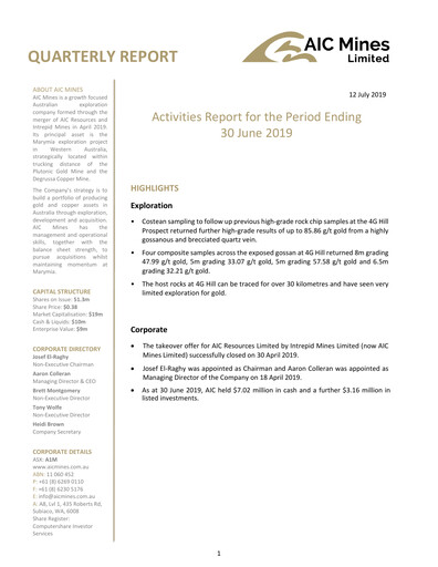 Thumbnail AIC Mines Limited Quarterly Report 2019-q2