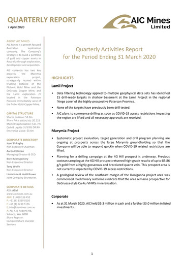 Thumbnail AIC Mines Limited Quarterly Report 2020-q1