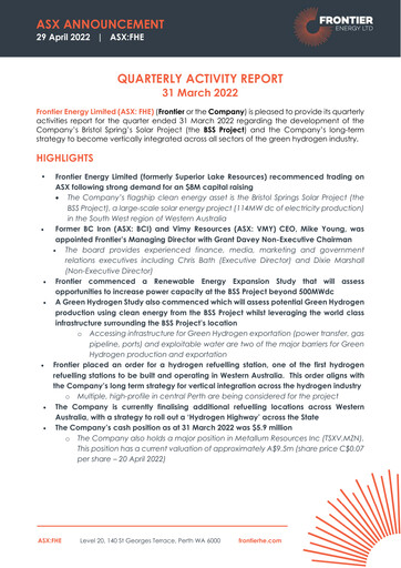 Thumbnail Frontier Energy Limited Quarterly Report 2022-q1