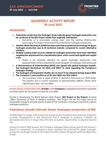 Thumbnail Frontier Energy Limited Quarterly Report 2022-q2