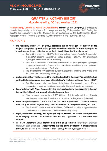 Thumbnail Frontier Energy Limited Quarterly Report 2022-q3