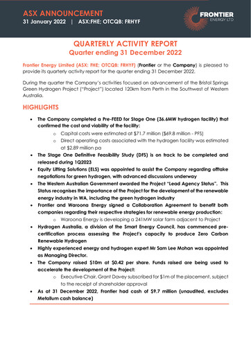 Thumbnail Frontier Energy Limited Quarterly Report 2022-q4