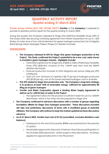 Thumbnail Frontier Energy Limited Quarterly Report 2023-q1