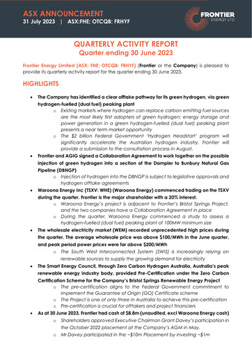 Thumbnail Frontier Energy Limited Quarterly Report 2023-q2