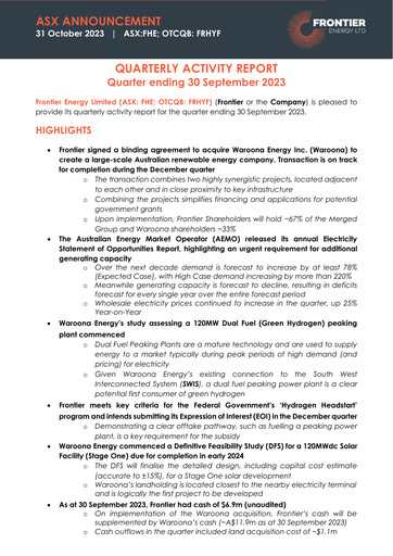 Thumbnail Frontier Energy Limited Quarterly Report 2023-q3