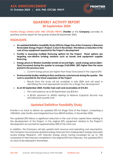 Thumbnail Frontier Energy Limited Quarterly Report 2024-q3