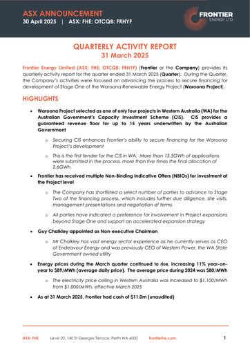 Thumbnail Frontier Energy Limited Quarterly Report 2025-q1