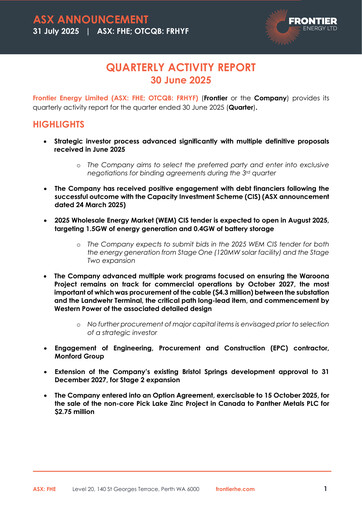 Thumbnail Frontier Energy Limited Quarterly Report 2025-q2