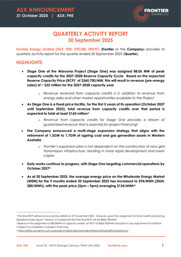 Thumbnail Frontier Energy Limited Quarterly Report 2025-q3