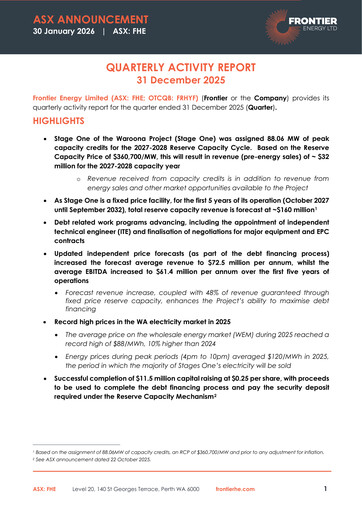 Thumbnail Frontier Energy Limited Quarterly Report 2025-q4