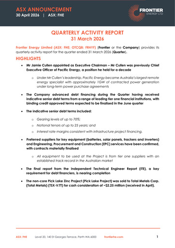 Vorschaubild Frontier Energy Limited Quartalsbericht 2026-q1