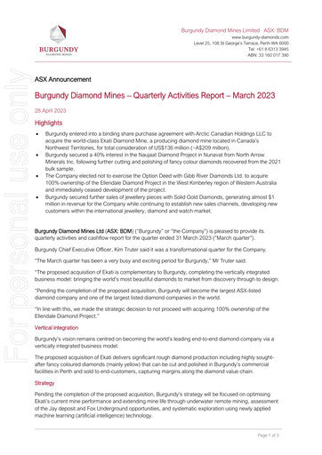 Thumbnail Burgundy Diamond Mines Quarterly Report 2023-q1
